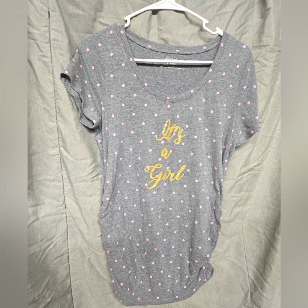 Gray and pink poka dot maternity  tee shirt